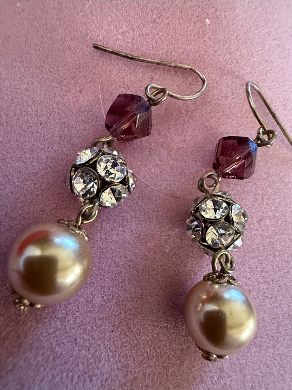 Purple, Pearl and Crystal Color Drop Earrings, 1.5”, (J0080) - Picture 2 of 3